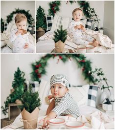 a collage of photos shows a baby sitting on a bed with christmas decorations around him