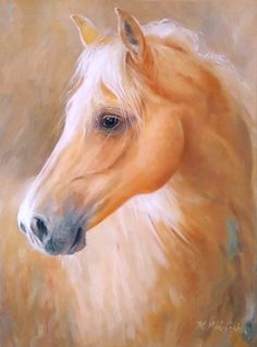 an oil painting of a horse's head with long blonde hair and blue eyes