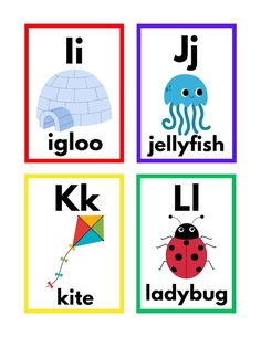 four different pictures with the words i, j, and jellyfish in each letter