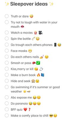 a list with different emoticions on it and the words sleepover ideas written below