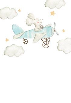 an airplane with a teddy bear on it flying through the sky above clouds and stars