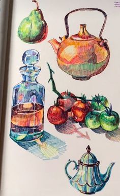 an open book with drawings of teapots, tomatoes and other things on it