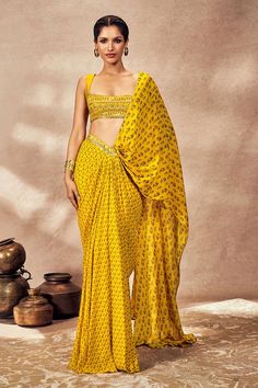 Yellow pre-stitched saree with printed pixie dust motifs, dori sequin embroidered border and kirani gota detail. Comes with embroidered blouse. - Aza Fashions Drape Sari, Dori Embroidery, Saree Georgette, Diwali Outfits, Sari Design, Luxury Wear, Indian Fashion Designers, Effortless Elegance, Pixie Dust