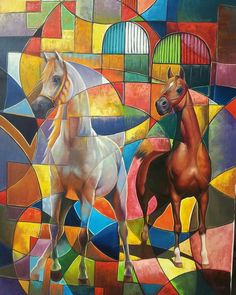 a painting of two horses standing next to each other in front of a colorful background