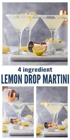 four lemon drop martinis in glasses with ingredients to make the drink and garnish