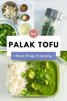 the meal is prepared and ready to be eaten with text overlay reads palak tofu meal prep - friendly