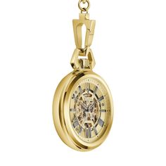 Dress up your look in classic and sophisticated style when you wear this men's Bulova Sutton gold-toned pocket watch with a skeleton dial. The gold-toned skeleton dial showcases black hands and stick and roman numeral markers. An open aperture allows you to view the inner workings of your watch. 50.0mm gold-toned ion-plated stainless steel case with mineral crystal Automatic movement keep accurate time. This pocket watch suspends along a 17.5-inch cable chain that secures with a lobster claw clasp. Water resistant to 30 meters, this watch includes a 3-year limited manufacturer's warranty. We are an authorized Bulova dealer. Luxury Yellow Gold Pocket Watch With Chronometer, Elegant Yellow Gold Automatic Watches, Luxury Gold Pocket Watch With Chronometer, Gold Watch Accessories With Skeleton Dial, Gold Skeleton Dial Watch Accessories, Formal Yellow Gold Medallion Watch, Yellow Gold Automatic Watch Accessories For Formal Occasions, Timeless Yellow Gold Watch With Skeleton Dial, Luxury Chronometer Pocket Watch For Formal Occasions