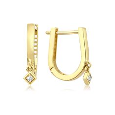 Looking for a versatile and stunning piece of jewelry to give as a gift or to add to your own collection? Look no further than our 14k Gold Hinged Back Earrings. These clear, sparkling square CZ gemstone hoop earrings are perfect for daily use and casual wear, making them a great choice for any woman who loves to add a touch of elegance to her everyday look. Whether you're looking for a special Valentine's Day gift for the woman in your life or just want to treat yourself, these earrings are sur Classic Huggie Earrings With Bail As A Gift, Hoop Earrings With Prong Setting For Gifts, Gift Prong Setting Drop Hoop Earrings, Small Hoop Pierced Diamond Earrings As Gift, Modern Huggie Earrings With Prong Setting As A Gift, Huggie Earrings Gift, Huggie Hoop Earrings As Gift, Dangle Huggie Earrings With Lever Back For Anniversary, Modern Diamond Hoop Earrings As Gift