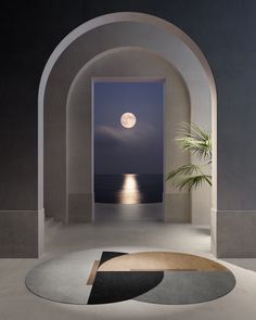 an archway leading to the ocean with a full moon in the sky and plants on either side