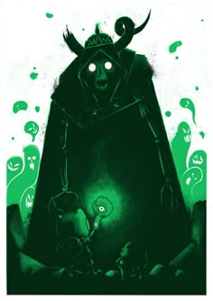 a green and black illustration of a demon