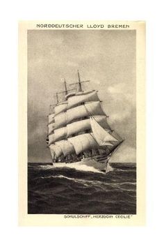 an old photo of a ship sailing in the ocean, with words on it that read ho