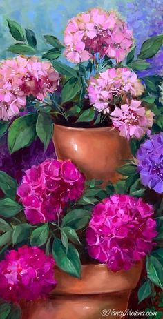 a painting of pink and purple flowers in a pot