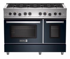 an orange gas range with four burners and two griddles on each side