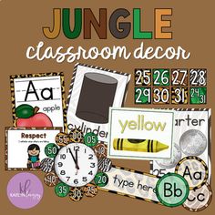 an image of a classroom decor with the words jungle on it and various school items