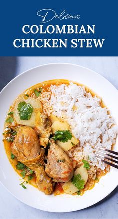 Colombian chicken stew on a bed of rice and cilantro. Columbian Chicken Recipes, Colombian Chicken And Rice, Colombian Chicken Stew, Colombian Chicken Recipes, Brazilian Chicken Stew, Peruvian Chicken Stew, Columbian Soup Recipes, Colombian Chicken Soup, Colombian Soup Recipes