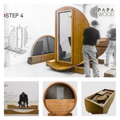 an advertisement for the step 4 wood project with images of people working inside and outside