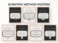 six posters with the words scientific method written in black and white, on top of each other