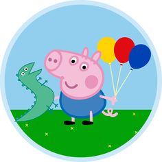 a cartoon peppa flying with balloons and a dragon in the grass next to it