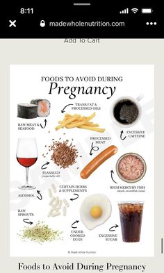 an image of food that is being displayed on a cell phone with the words, foods to avoid during pregnancy