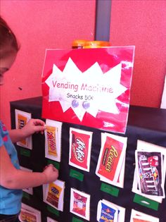 Vending Machine from a box! Put a coin in the slot and take your Velcro treat! At Pleasant View Preschool. Tools Of The Mind Grocery Theme, Dramatic Play Diy, Curriculum Kindergarten, Classroom Shop, Daycare Themes, Camper Awnings, Social Stories Preschool