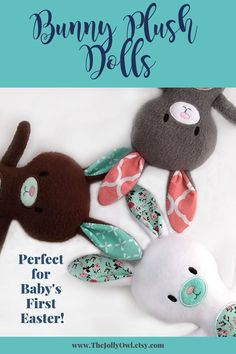 bunny plush dolls for baby's first easter with text overlay that reads, perfect for baby's first easter