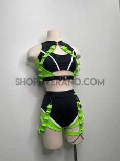 Please send us a message with any questions or deadlines!Introducing our new Rave Set with Removable Harness- the perfect festival suit to elevate your party game. Made from high-quality Lycra Spandex material, this rave suit is designed to hug your curves in all the right places while ensuring breathability for hours of dancing and partying. Ideal for any rave, festival, or club event, this Festival Suit is the perfect outfit to wear. Pair it with some colorful accessories and shoes to complete Fitted Green Sets For Festival, Thong Leggings, Rave Harness, Rave Suits, Neon Rave, Wwe Outfits, Performance Costume, Rave Outfit, Colorful Accessories