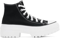 High-top canvas sneakers in black. · Rubber cap toe · Lace-up closure · Logo patch at inner side · Mesh lining · Cushioned OrthoLite® footbed · Rubberized logo stamp at heel · Lugged rubber sole · Contrast stitching in white · Platform: H1.75 Supplier color: Black/White/Egret Chuck Taylor All Star Lugged, Black Chuck Taylors, All Star Lugged, Black Chucks, White Egret, White Platform, Converse Black, Sneaker Collection, Logo Stamp