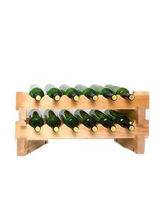 a wooden wine rack filled with lots of green bottles on top of each other in front of a white background