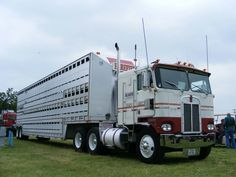 a large semi truck parked on top of a lush green field