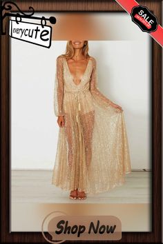 Gitter Sequins Deep Plunge Tie Waist Long Sleeve Sheer Mesh Dress Glamorous V-neck Maxi Dress For Beach, V-neck Maxi Dress Beachwear For Party, Sheer V-neck Dresses For Beach Season, Glamorous Long Sleeve Maxi Dress For Summer, Gold Backless Beach Dress, Sheer V-neck Maxi Dress For Party, Glamorous Sheer Maxi Dress For Summer, Summer Party Maxi Dress With Open Front, Open Front Maxi Dress For Summer Party