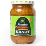 a jar of kraut is sitting on a white surface with the label frank's