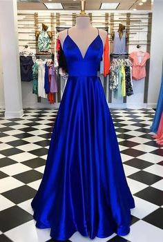 A Line V Neck Royal Blue Prom Dress, Long Satin Evening Party Dress · MychicDress · Online Store Powered by Storenvy Royal Blue Prom Dress Long, Prom Dresses Long Blue, Royal Blue Prom, Royal Blue Prom Dresses, Spaghetti Strap Prom Dress, Simple Prom Dress, Satin Dress Long, Floor Length Prom Dresses, Prom Dresses 2019