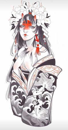 Hayna Mask, Geisha Tattoo Design Ideas, Geisha Illustration, Kitten Tattoo