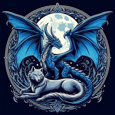 a blue dragon sitting on top of a white wolf in front of a full moon