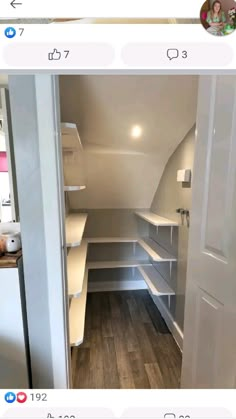 an open closet with shelves and cupboards in it