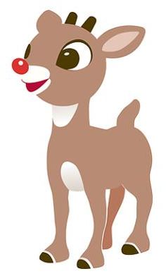 a cartoon deer with red nose and green eyes