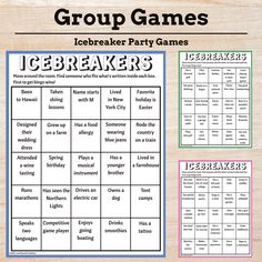 the icebreaker party game is shown on a wooden table with text that reads group games