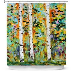 a painting of trees in the woods shower curtain