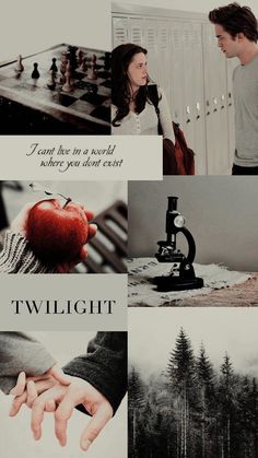 a collage of photos with the words twilight and two people holding hands in front of an apple