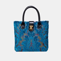 Burnout Velvet Aqua Blue Tuck Lock Carpet Satchel Vintage Blue Bag With Leather Handles, Vintage Blue Bags With Leather Handles, Blue Rectangular Shoulder Bag With Rolled Handles, Vintage Blue Double Handle Bag, Evening Blue Shoulder Bag With Leather Handles, Vintage Blue Top Handle Bag, Formal Blue Bags With Leather Handles, Victorian Carpet, Traditional Carpet