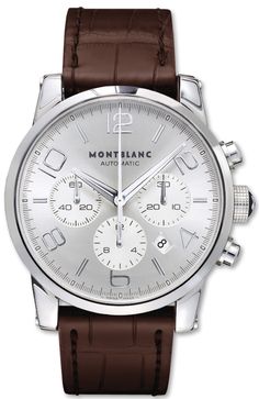 09671 NEW MONTBLANC TIMEWALKER CHRONOGRAPH MEN'S WATCH Usually ships within 3 months | View In Stock MontBlanc Watches - Free Overnight Shipping - With Manufacturer Serial Numbers - Swiss Made - Silver Dial - Chronograph Feature - Self-winding Automatic Movement - Sapphire Crystal Exhibition Back Case - 3 Year Warranty - Guaranteed Authentic - Certificate of Authenticity - Scratch Resistant Sapphire Crystal - Polished with Brushed Steel Case - Brown Leather Strap with Pattern - Manufacturer Box & Manual - 30 Meters / 100 Feet Water-Resistant - 43mm = 1 5/8" Case, 7" Adjustable Strap - Tang Buckle - Luminescent Hands and Markers     Also Known As Model # 9671 Mont Blanc Watches, Fine Watches, Casual Watches, Brown Leather Strap, Brushed Steel, Watch Sale, Watch Collection, Breitling Watch, Men's Watch