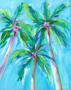 three palm trees painted in bright blue and green colors with pink flowers on the leaves