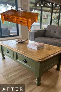 a coffee table that has been painted green and is being used as an end table