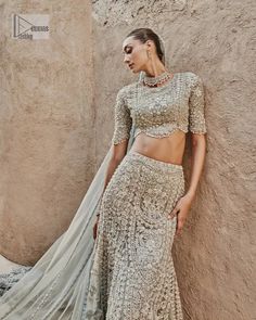 Walima Bridal Wear -Teal Grey Scalloped Blouse – Fish Style Lehenga – Light Dupatta Embroidery Hand Work, Lehenga Dupatta, B Design, Net Blouses, Embroidery Hand, Maria B, Party Kleidung