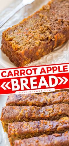 carrot apple bread on a white plate with a red sticker