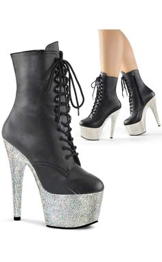 BEJEWELED-1020-7 Black Matte/Silver Rhinestone Boots-Pleaser-Tragic Beautiful 7 Inch Heels, Alternative Shoes, Peep Toe Ankle Boots, High Heel Stiefel, Festival Shoes, Punk Boots, Pleaser Shoes, Black Platform Boots, Dancing Shoes