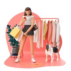 a doll with a dog and clothes hanging on a rack