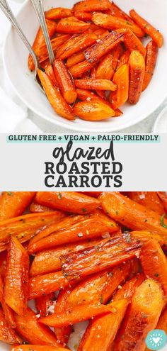 roasted carrots in a white bowl with text overlay