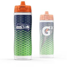 the nfl water bottle with an orange lid is next to it's plastic cup