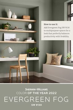 a room with green walls and shelves filled with plants, books, and other items